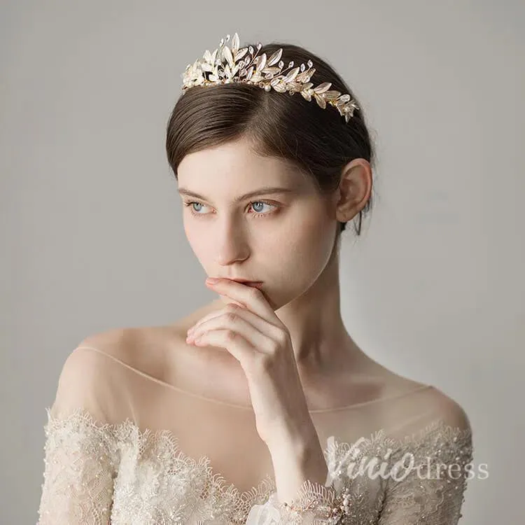 Crystals and Pearls Gold Tiaras with Leaves Viniodress AC1088