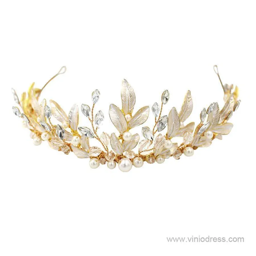 Crystals and Pearls Gold Tiaras with Leaves Viniodress AC1088