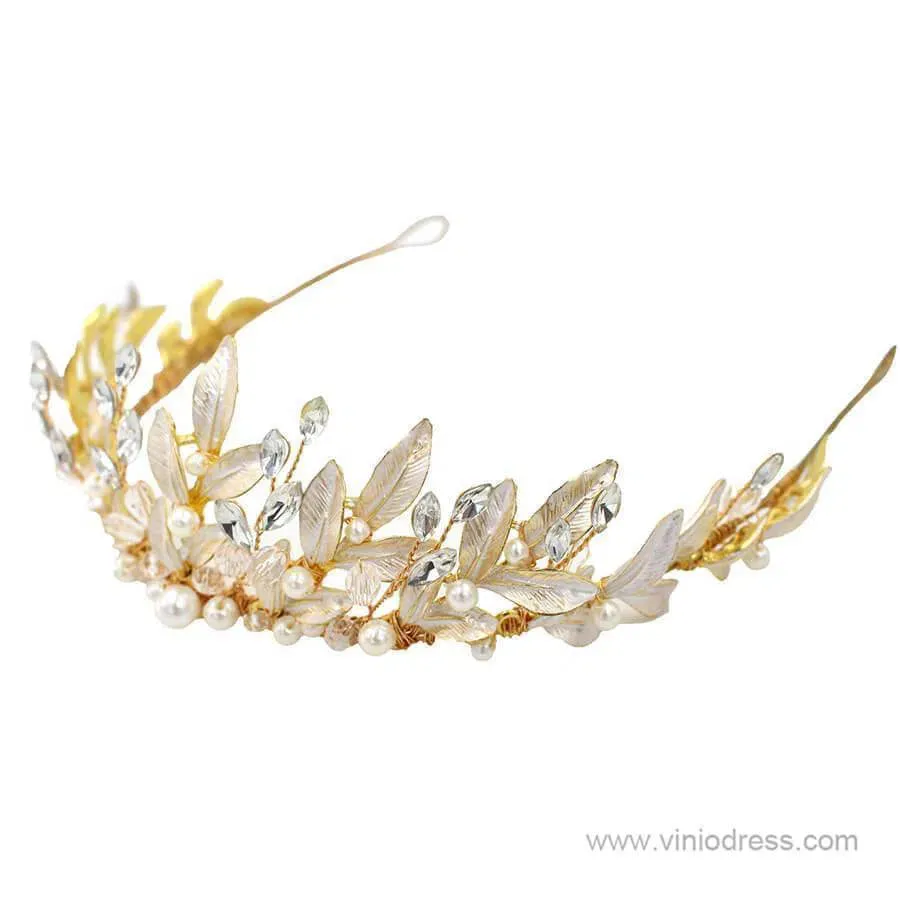 Crystals and Pearls Gold Tiaras with Leaves Viniodress AC1088