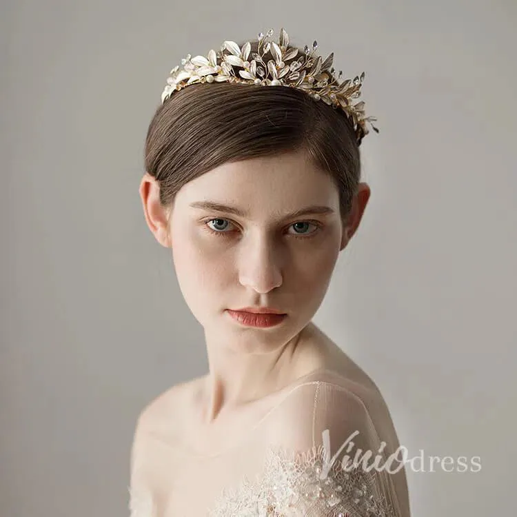 Crystals and Pearls Gold Tiaras with Leaves Viniodress AC1088