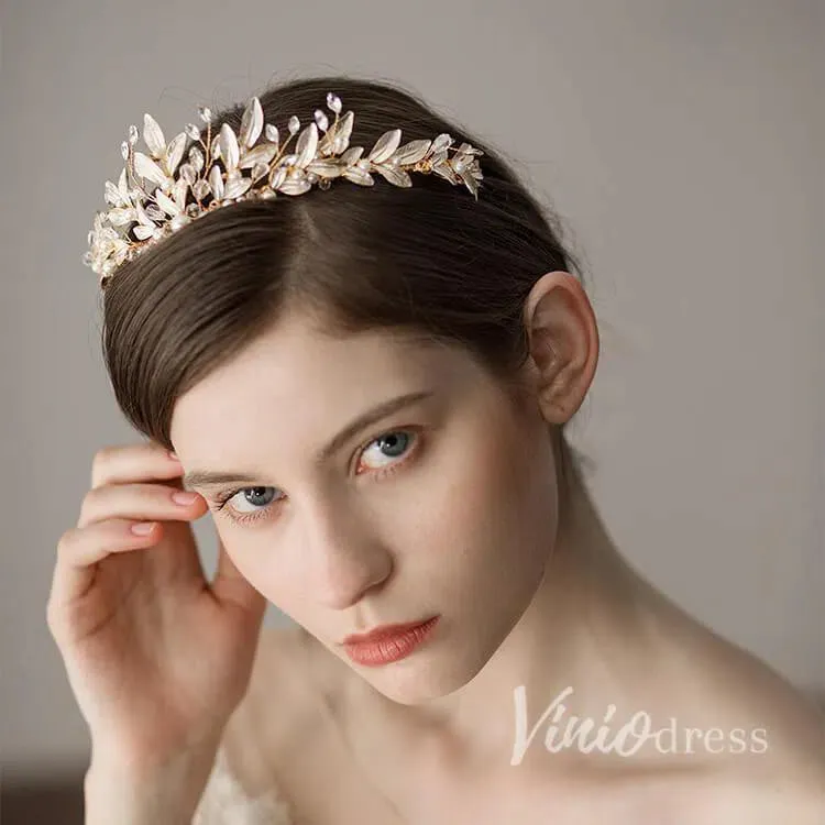 Crystals and Pearls Gold Tiaras with Leaves Viniodress AC1088