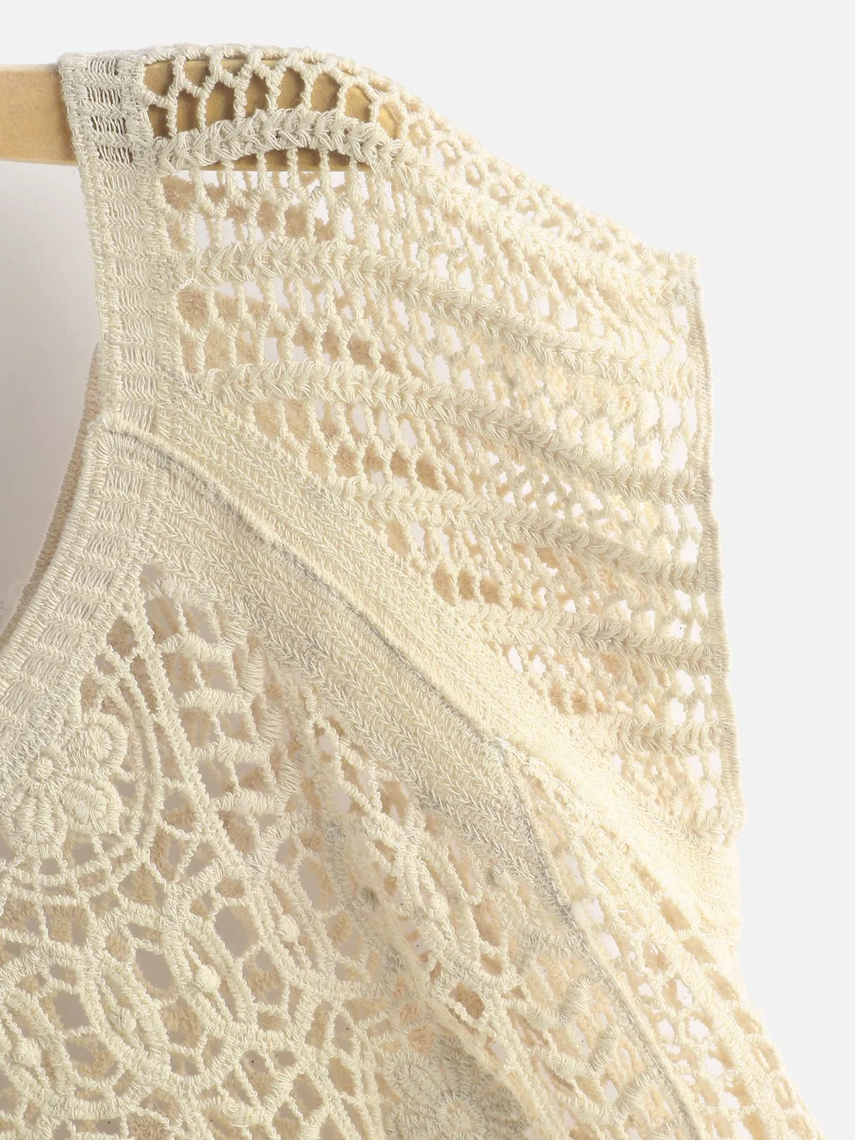 Custom Round Neck Tiered Hollow Short Sleeve Beige Beachwear