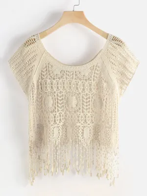 Custom Round Neck Tiered Hollow Short Sleeve Beige Beachwear