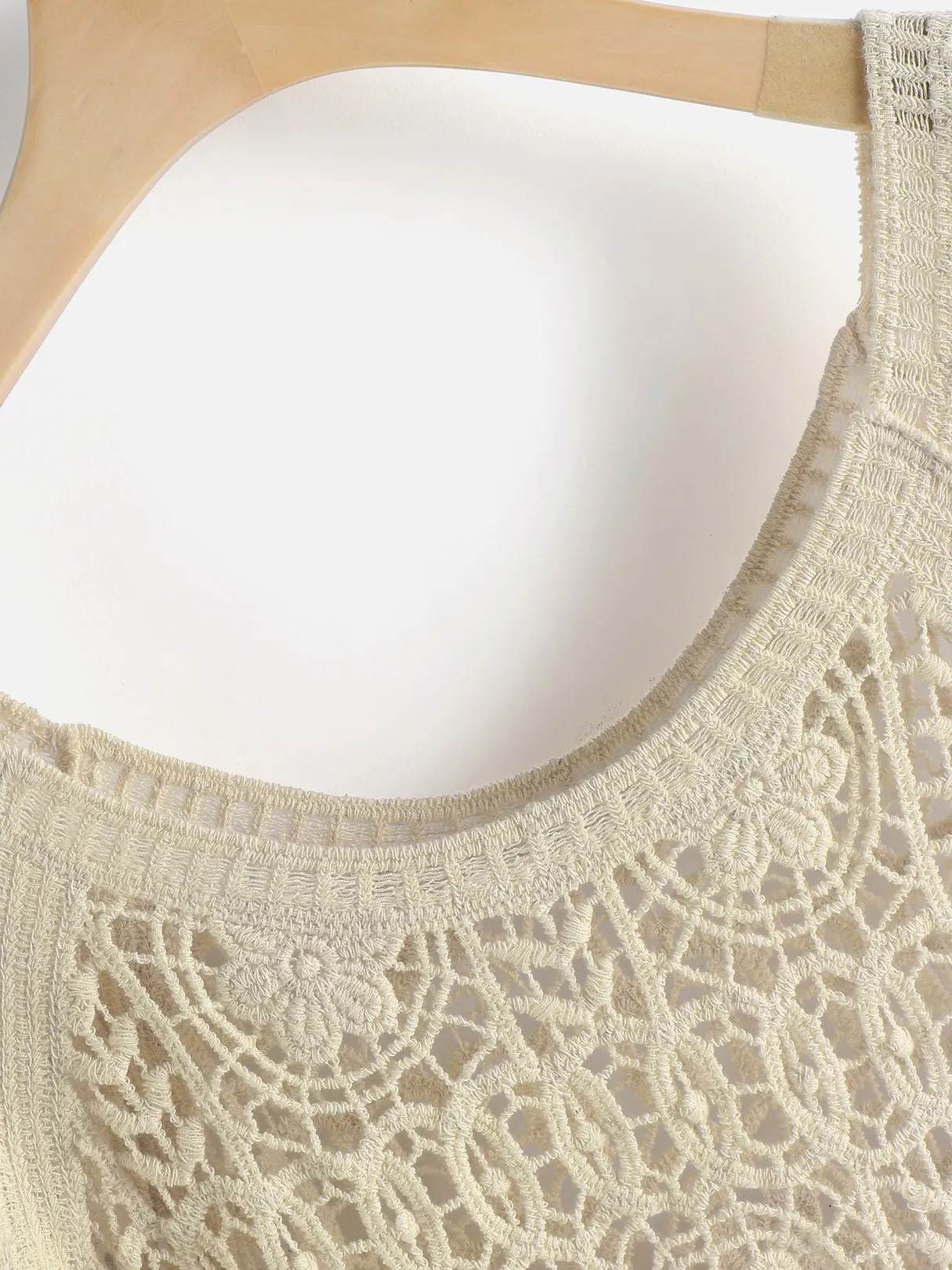 Custom Round Neck Tiered Hollow Short Sleeve Beige Beachwear