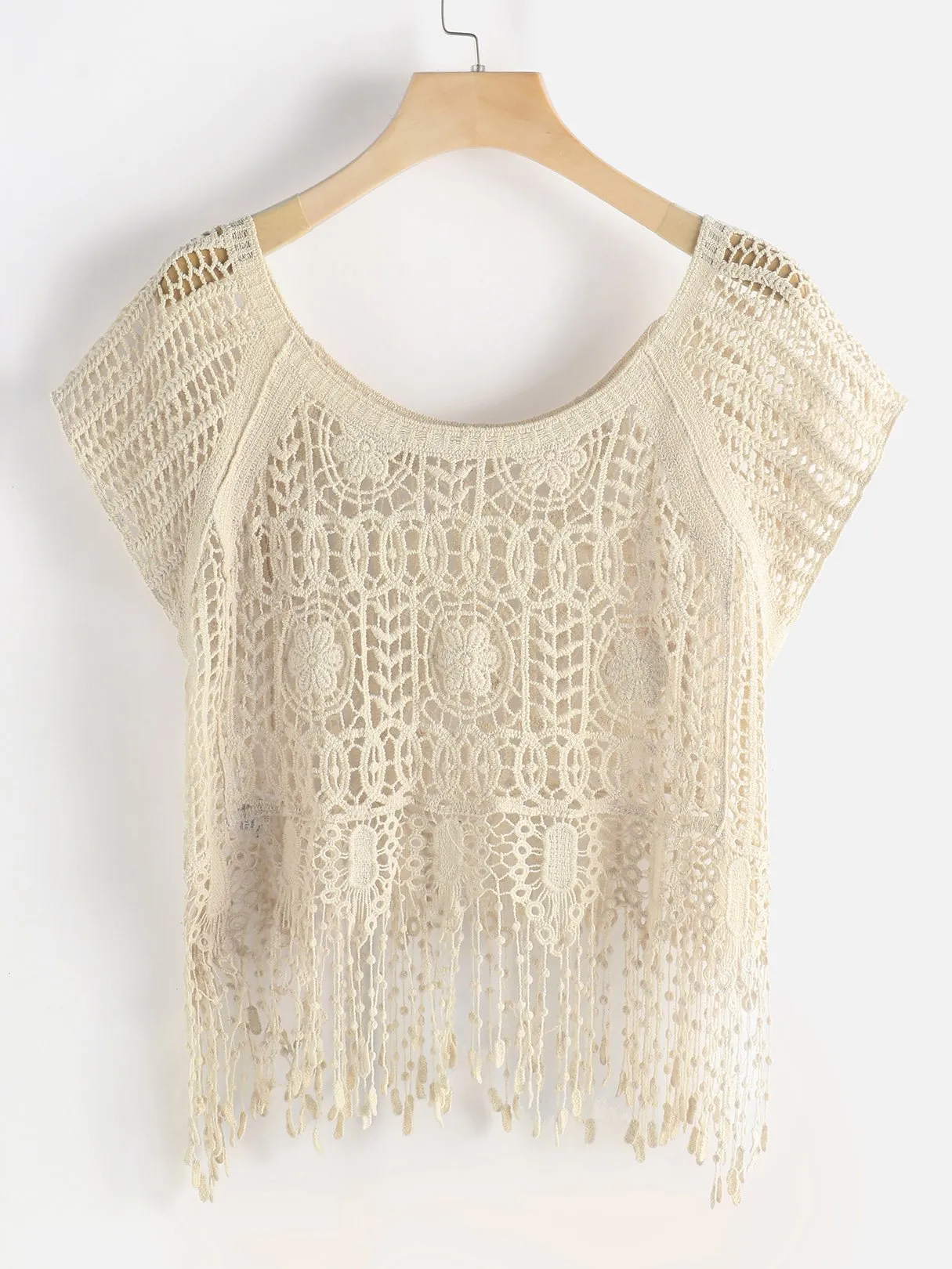 Custom Round Neck Tiered Hollow Short Sleeve Beige Beachwear