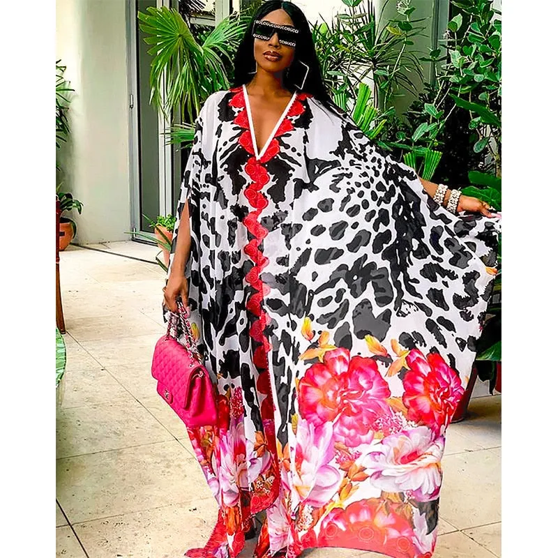 deanwangkt Over Size Bohemian Dress Chiffon Beach Cover up V neck Leopard Print Beachwear Summer Dress Robe Plage Swimsuit Cover up