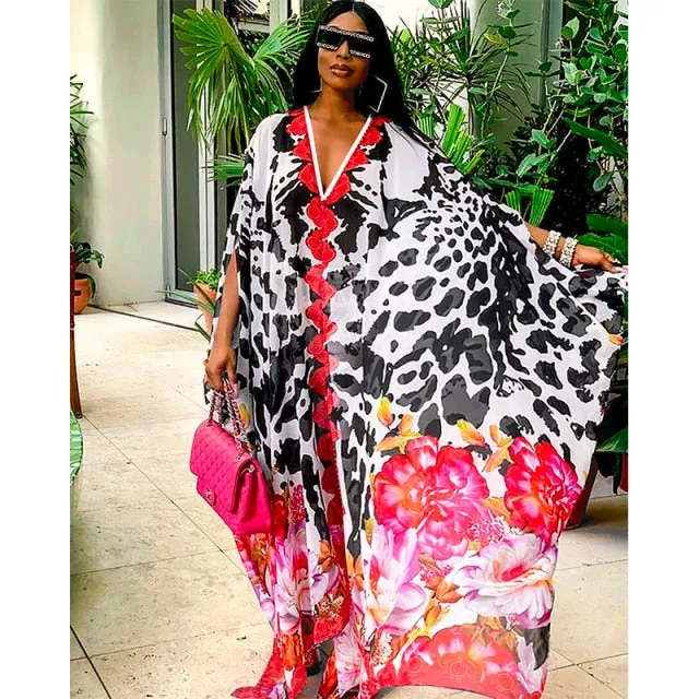 deanwangkt Over Size Bohemian Dress Chiffon Beach Cover up V neck Leopard Print Beachwear Summer Dress Robe Plage Swimsuit Cover up