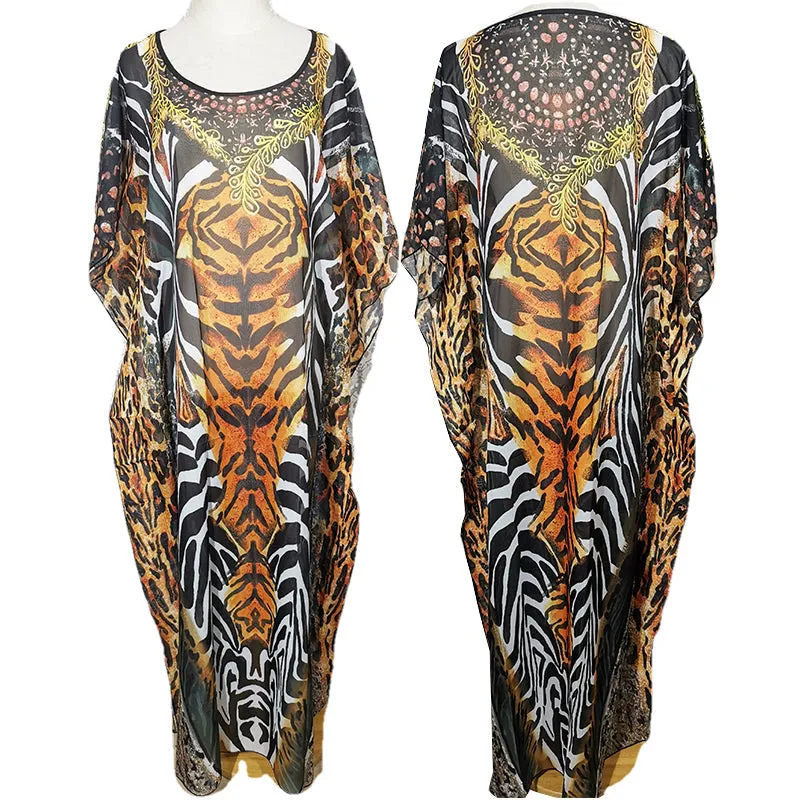 deanwangkt Over Size Chiffon Beach Cover-up Leopard Print Bohemian Dress Pareos Beach Wear Swimsuit Cover Up Maxi Dress Robe De Plage