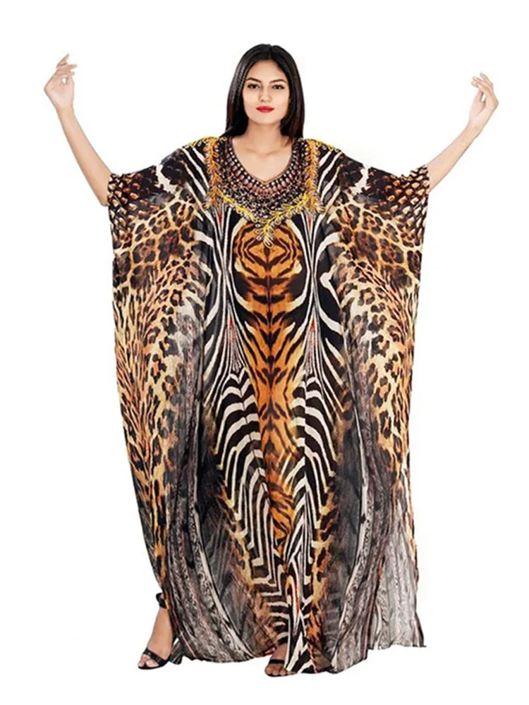 deanwangkt Over Size Chiffon Beach Cover-up Leopard Print Bohemian Dress Pareos Beach Wear Swimsuit Cover Up Maxi Dress Robe De Plage