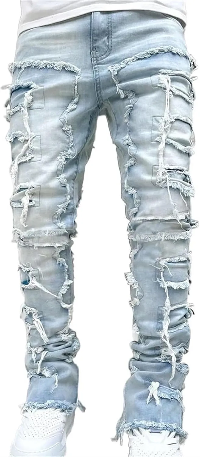Distressed Jeans Men Patchwork Denim Pants Slim Fit Fashion Streetwear Casual Comfy Trousers Flare Denims Vintage