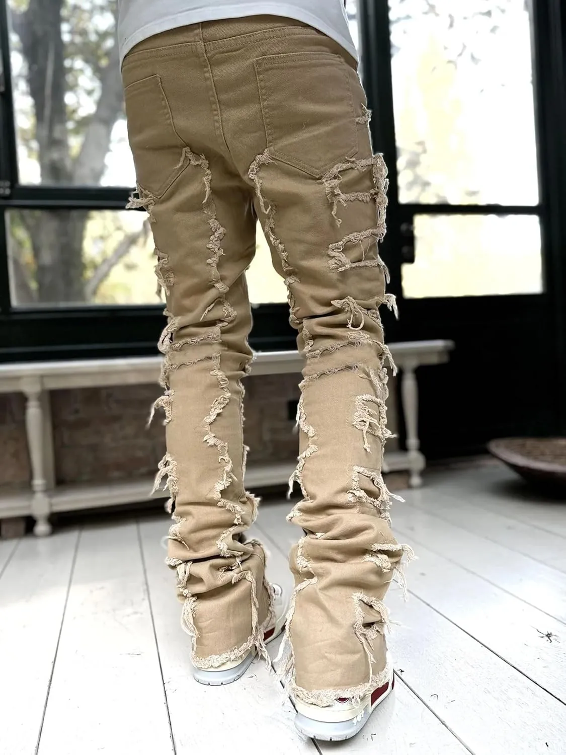 Distressed Jeans Men Patchwork Denim Pants Slim Fit Fashion Streetwear Casual Comfy Trousers Flare Denims Vintage