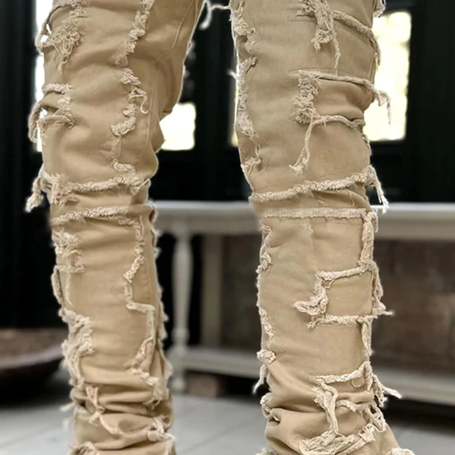 Distressed Jeans Men Patchwork Denim Pants Slim Fit Fashion Streetwear Casual Comfy Trousers Flare Denims Vintage