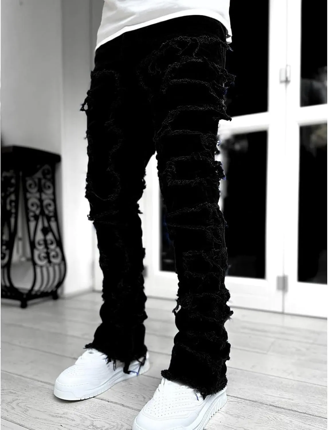 Distressed Jeans Men Patchwork Denim Pants Slim Fit Fashion Streetwear Casual Comfy Trousers Flare Denims Vintage