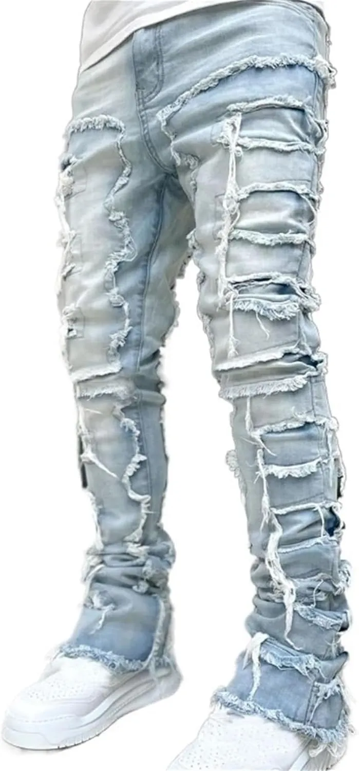 Distressed Jeans Men Patchwork Denim Pants Slim Fit Fashion Streetwear Casual Comfy Trousers Flare Denims Vintage