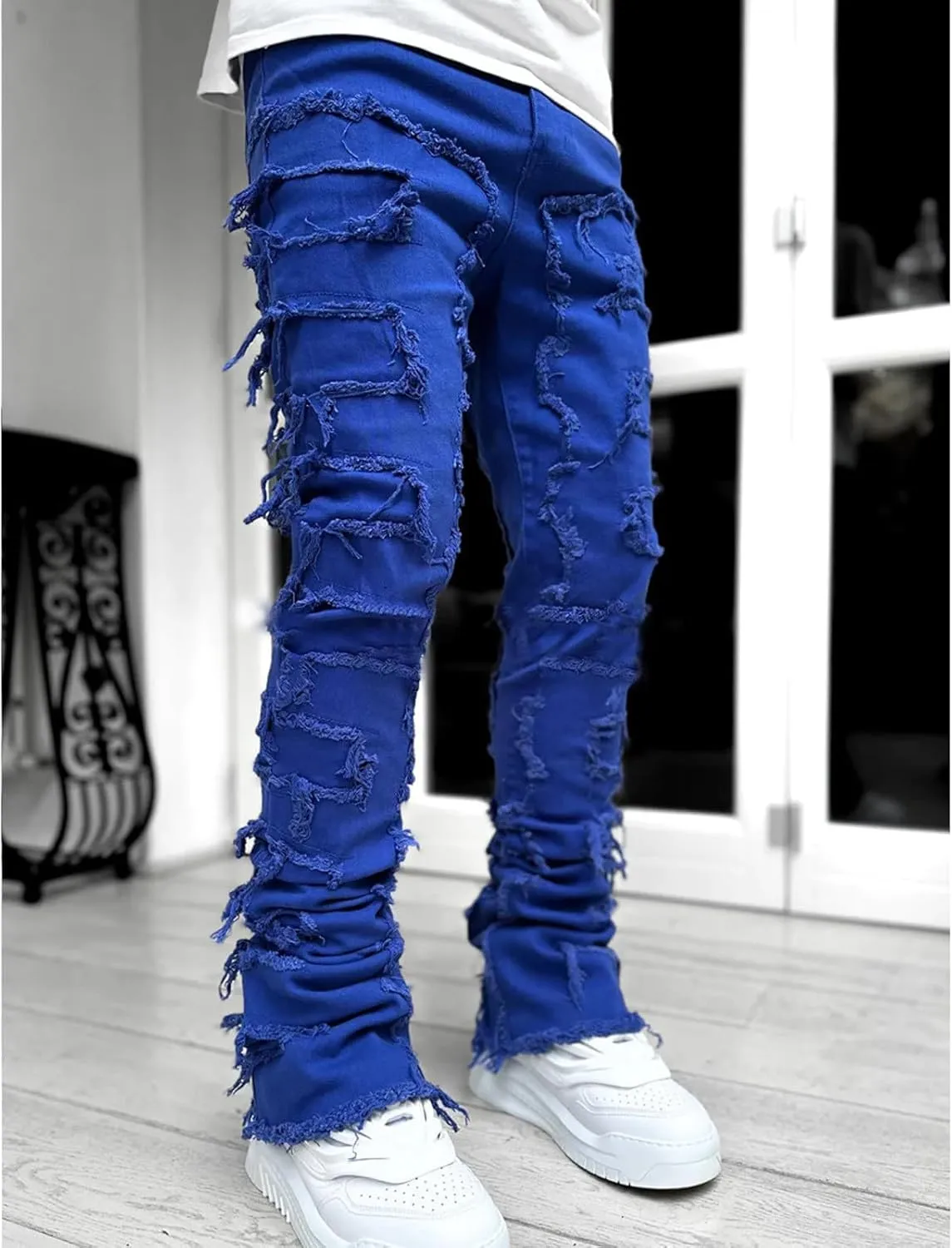 Distressed Jeans Men Patchwork Denim Pants Slim Fit Fashion Streetwear Casual Comfy Trousers Flare Denims Vintage