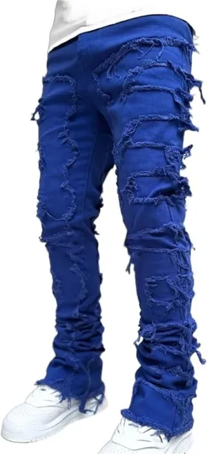 Distressed Jeans Men Patchwork Denim Pants Slim Fit Fashion Streetwear Casual Comfy Trousers Flare Denims Vintage