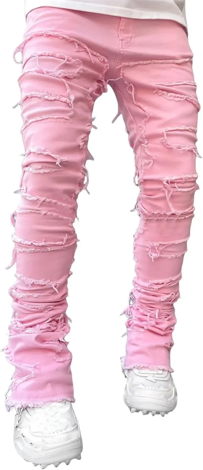 Distressed Jeans Men Patchwork Denim Pants Slim Fit Fashion Streetwear Casual Comfy Trousers Flare Denims Vintage