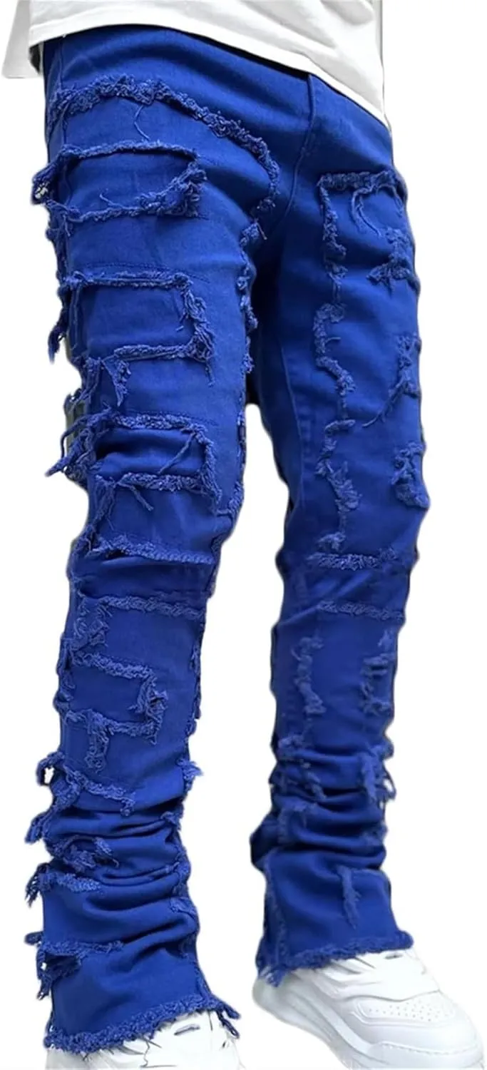 Distressed Jeans Men Patchwork Denim Pants Slim Fit Fashion Streetwear Casual Comfy Trousers Flare Denims Vintage