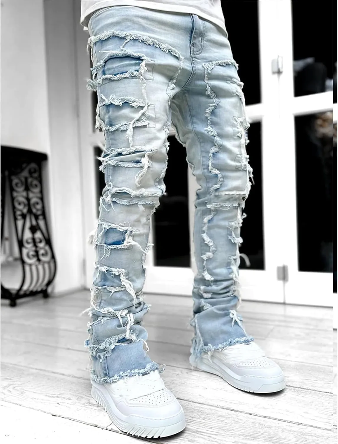 Distressed Jeans Men Patchwork Denim Pants Slim Fit Fashion Streetwear Casual Comfy Trousers Flare Denims Vintage