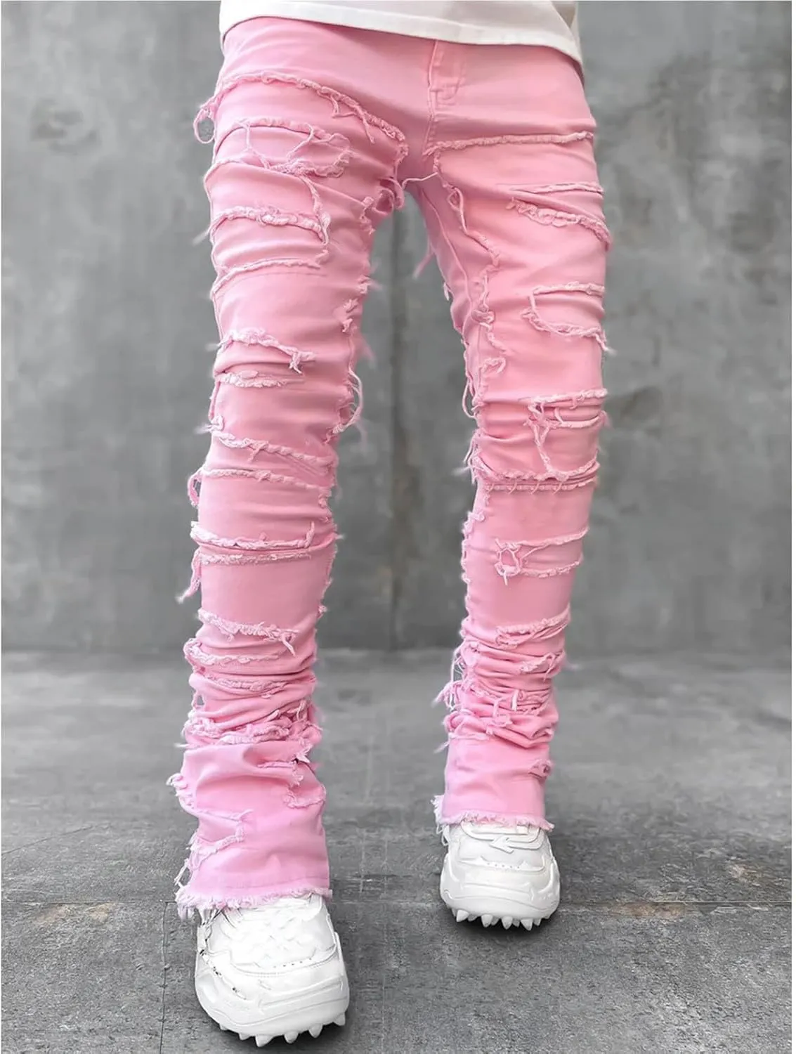Distressed Jeans Men Patchwork Denim Pants Slim Fit Fashion Streetwear Casual Comfy Trousers Flare Denims Vintage