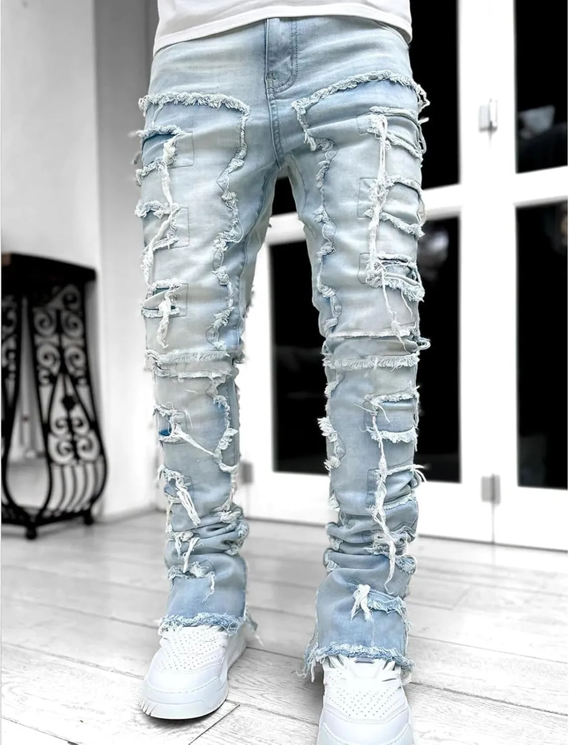 Distressed Jeans Men Patchwork Denim Pants Slim Fit Fashion Streetwear Casual Comfy Trousers Flare Denims Vintage