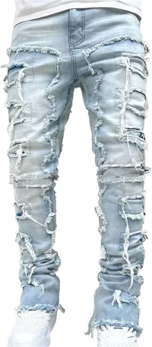 Distressed Jeans Men Patchwork Denim Pants Slim Fit Fashion Streetwear Casual Comfy Trousers Flare Denims Vintage