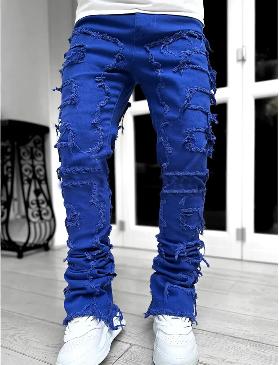 Distressed Jeans Men Patchwork Denim Pants Slim Fit Fashion Streetwear Casual Comfy Trousers Flare Denims Vintage