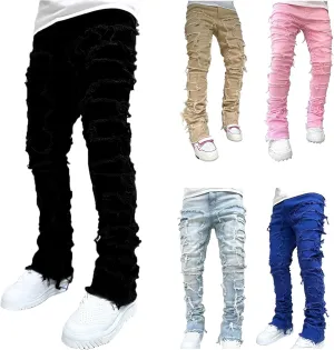 Distressed Jeans Men Patchwork Denim Pants Slim Fit Fashion Streetwear Casual Comfy Trousers Flare Denims Vintage