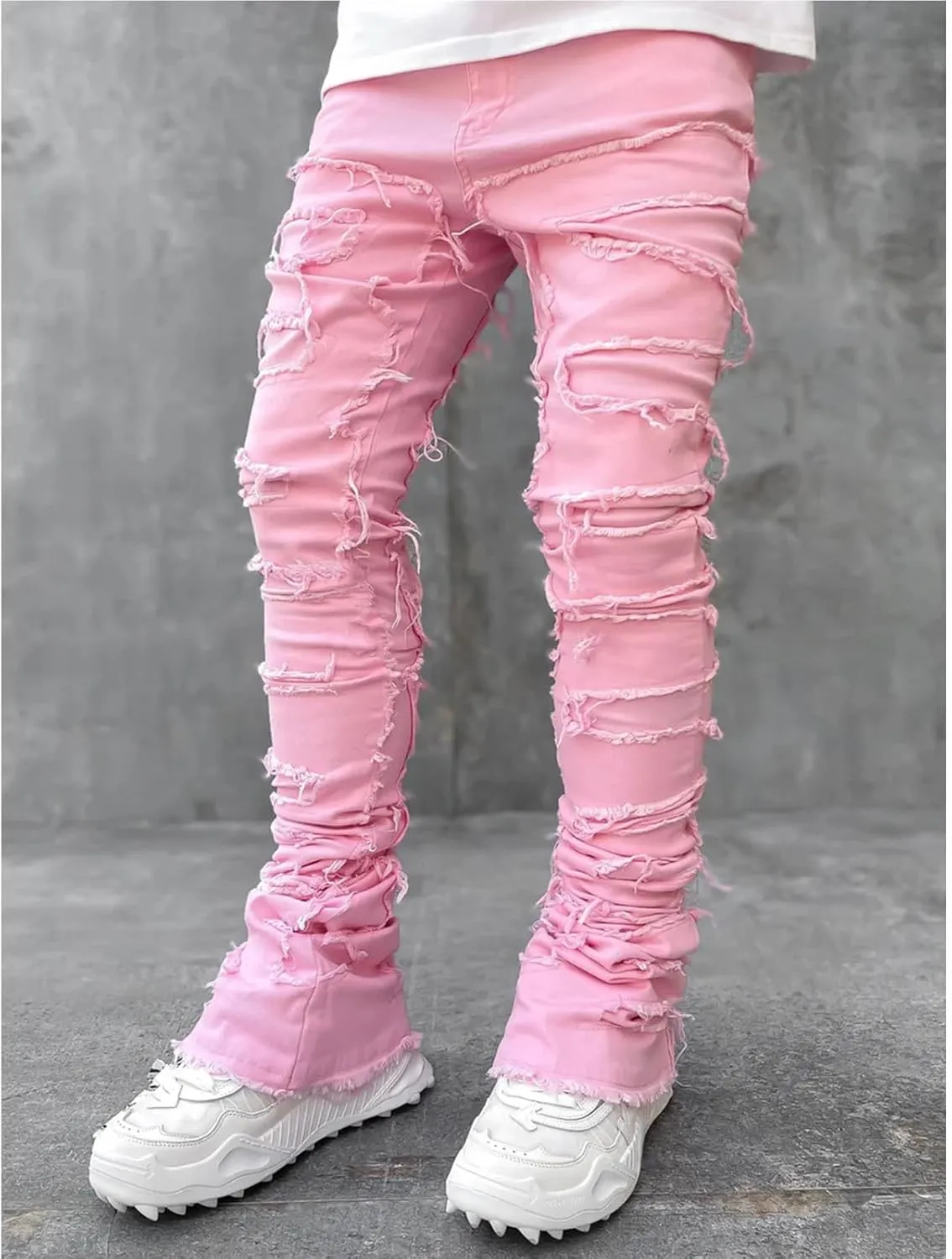 Distressed Jeans Men Patchwork Denim Pants Slim Fit Fashion Streetwear Casual Comfy Trousers Flare Denims Vintage