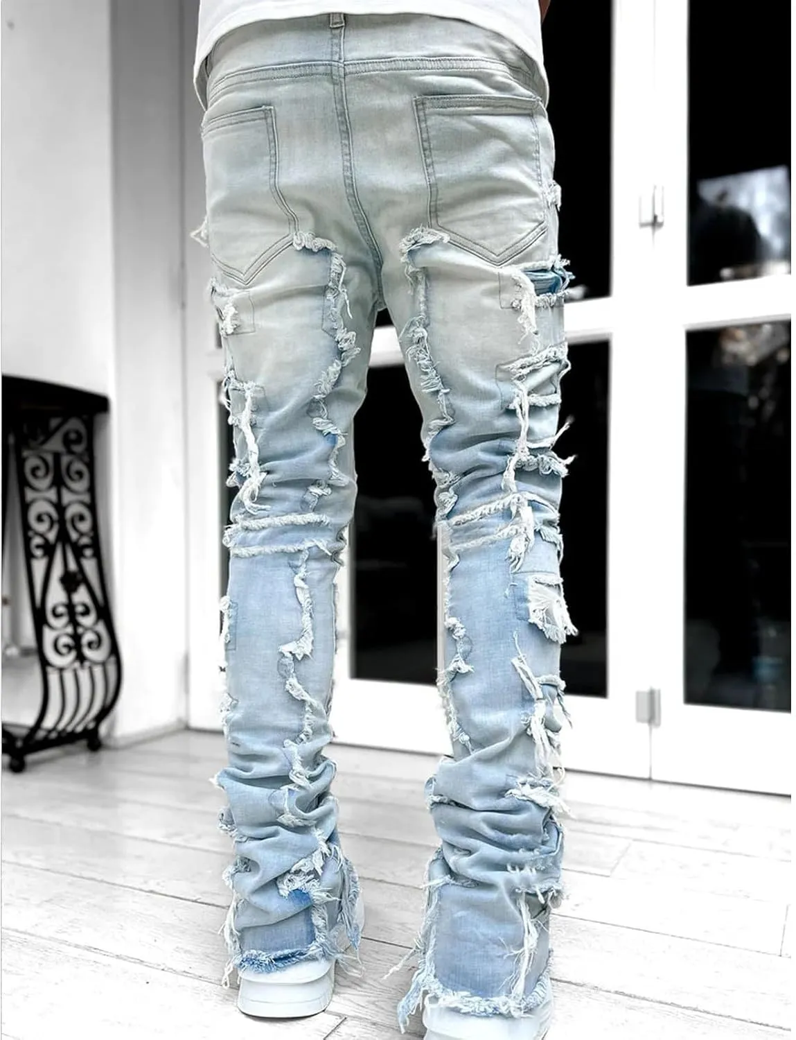 Distressed Jeans Men Patchwork Denim Pants Slim Fit Fashion Streetwear Casual Comfy Trousers Flare Denims Vintage