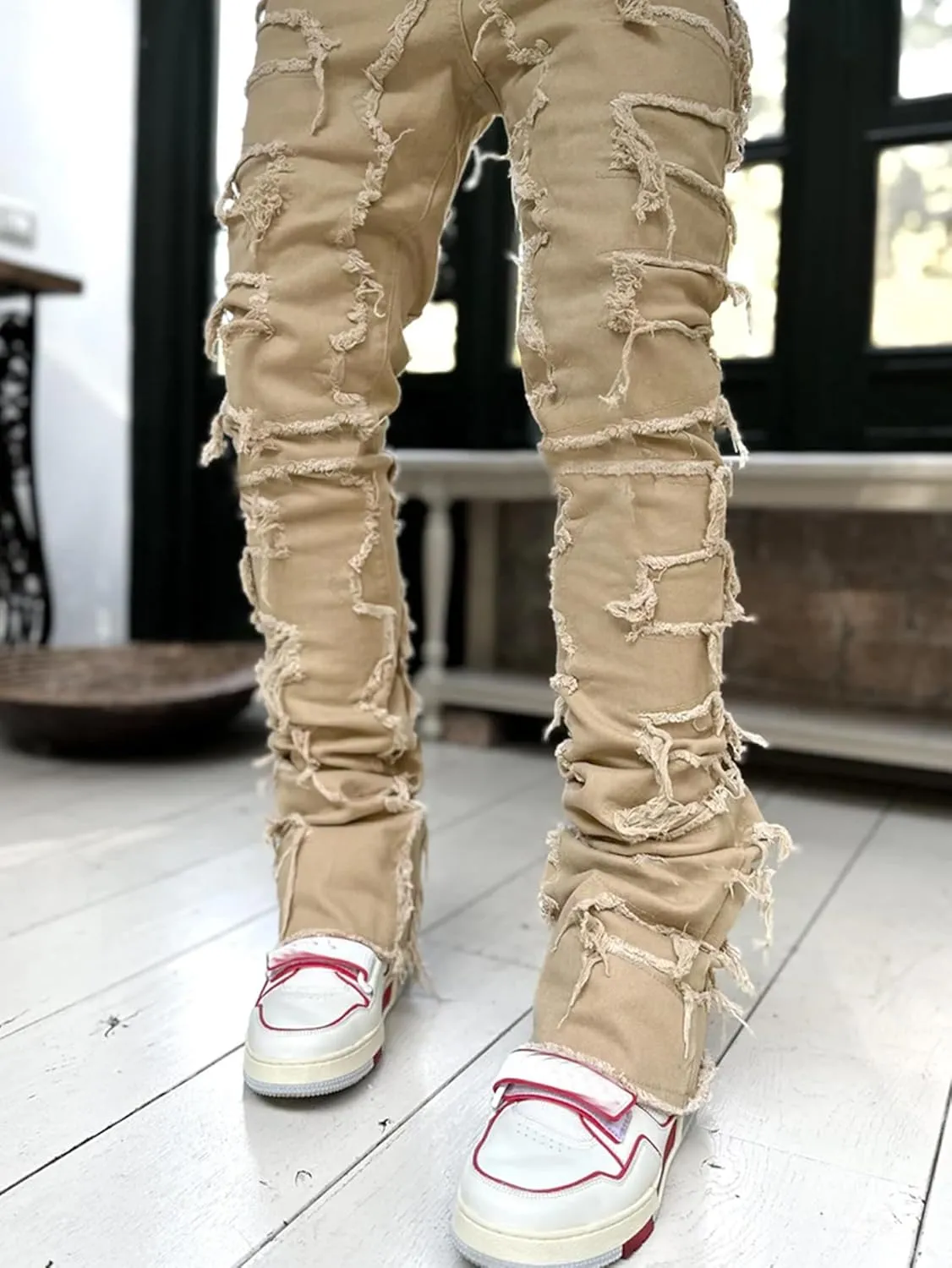 Distressed Jeans Men Patchwork Denim Pants Slim Fit Fashion Streetwear Casual Comfy Trousers Flare Denims Vintage