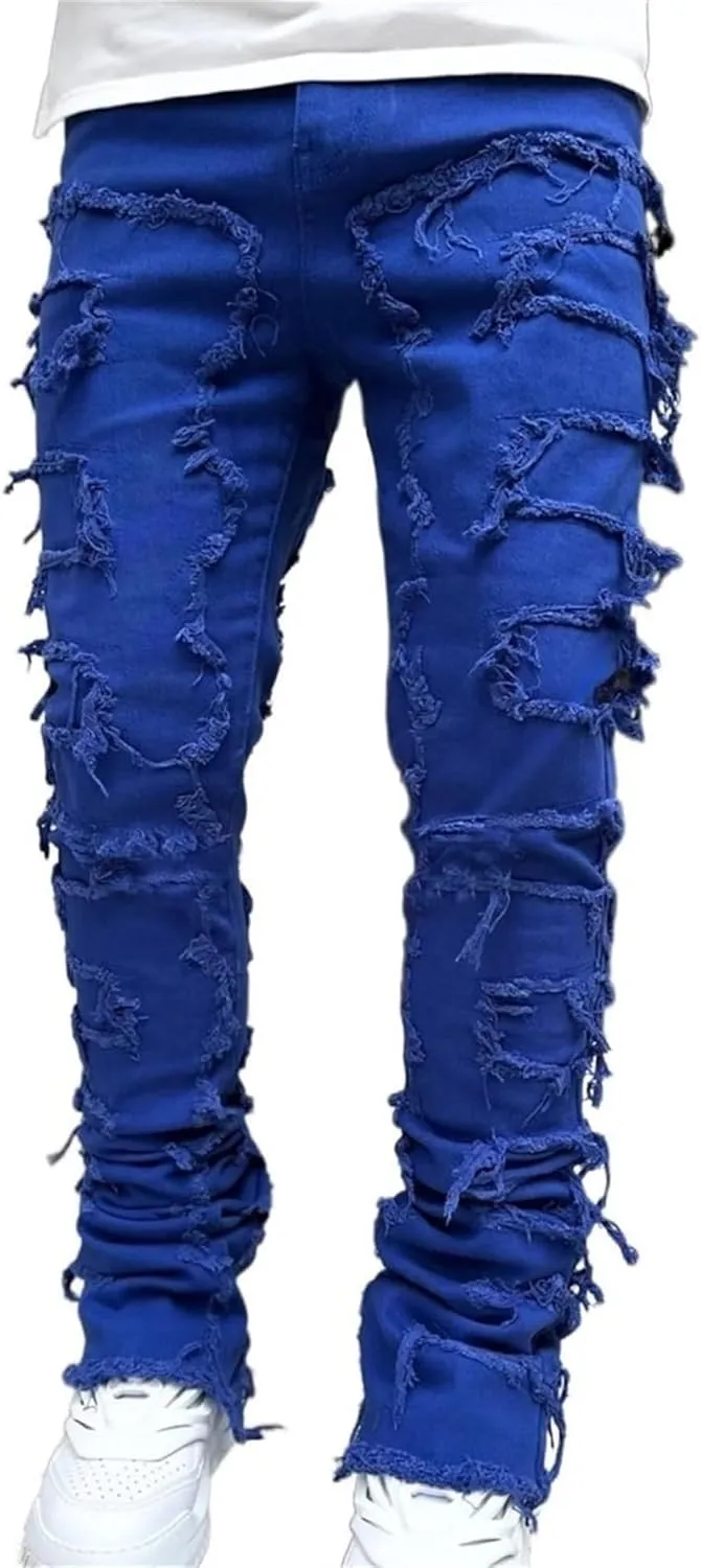 Distressed Jeans Men Patchwork Denim Pants Slim Fit Fashion Streetwear Casual Comfy Trousers Flare Denims Vintage