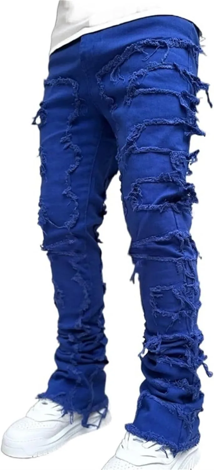 Distressed Jeans Men Patchwork Denim Pants Slim Fit Fashion Streetwear Casual Comfy Trousers Flare Denims Vintage