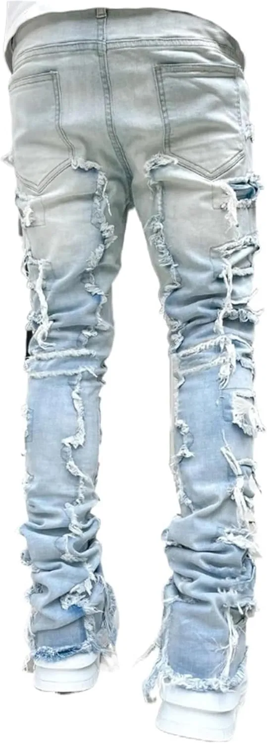 Distressed Jeans Men Patchwork Denim Pants Slim Fit Fashion Streetwear Casual Comfy Trousers Flare Denims Vintage