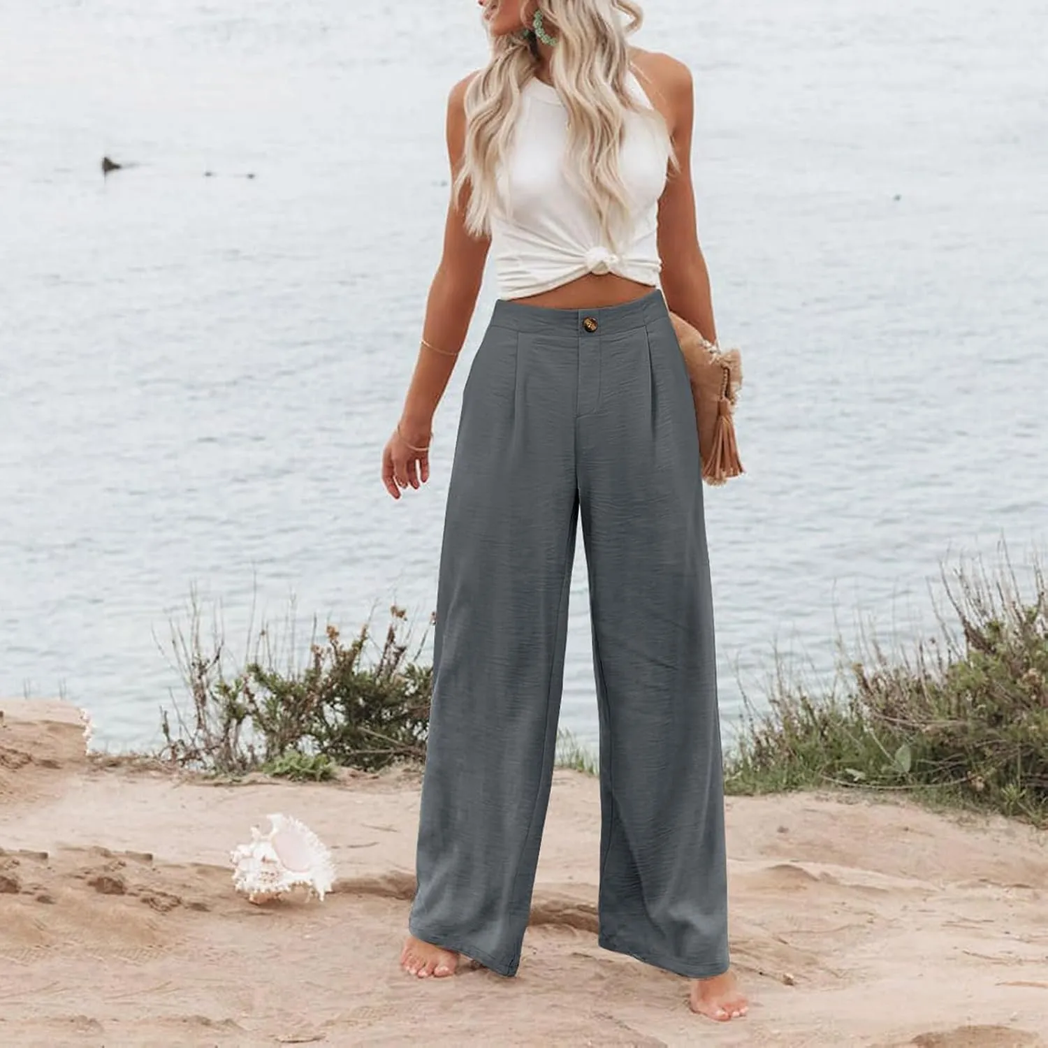 eoeioa High Waist Palazzo Pants for Women Dressy Button Business Work Pants Summer Beach Wide Leg Pants Trousers with Pockets