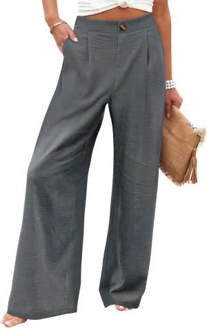 eoeioa High Waist Palazzo Pants for Women Dressy Button Business Work Pants Summer Beach Wide Leg Pants Trousers with Pockets