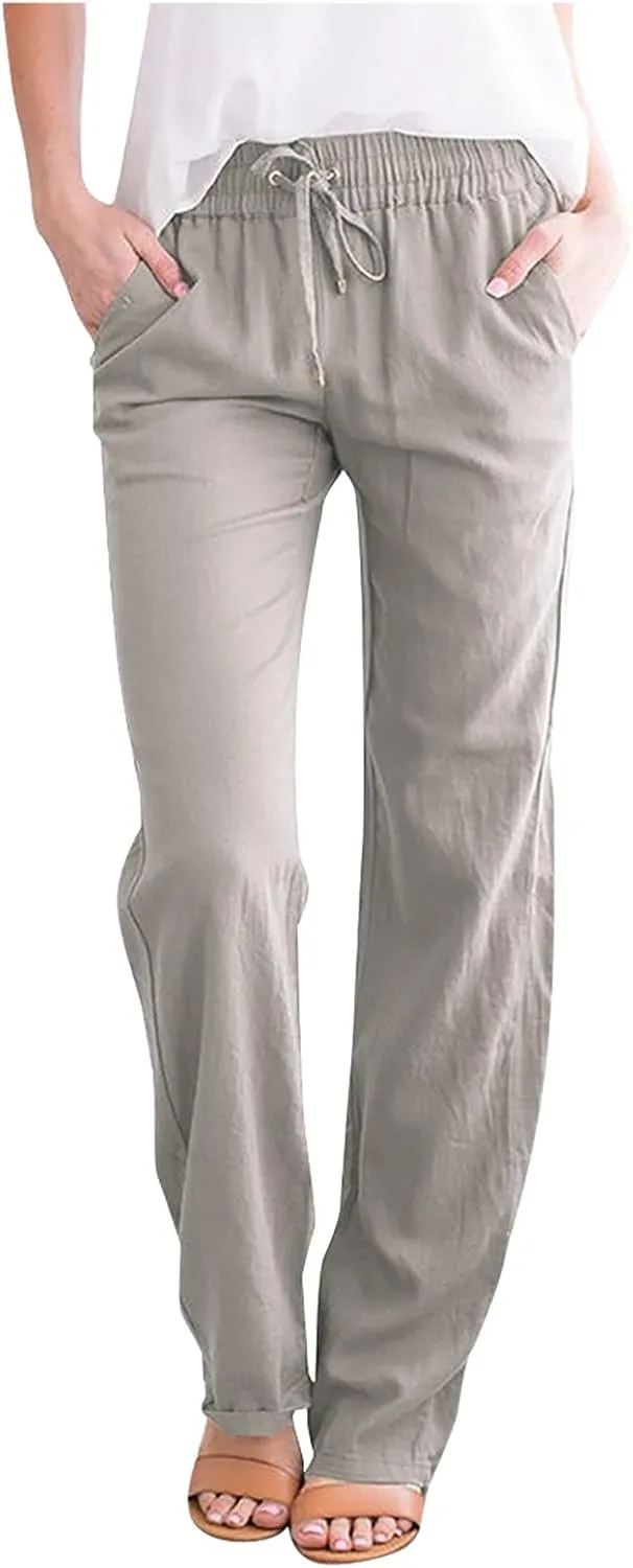 fartey Linen Pants Women Summer Casual Straight Leg Pants Drawstring Elastic High Waist Loose Comfy Trousers with Pockets
