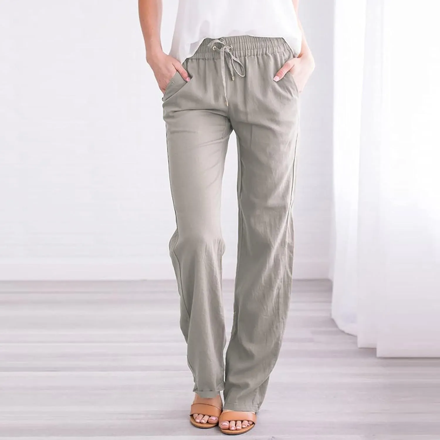 fartey Linen Pants Women Summer Casual Straight Leg Pants Drawstring Elastic High Waist Loose Comfy Trousers with Pockets