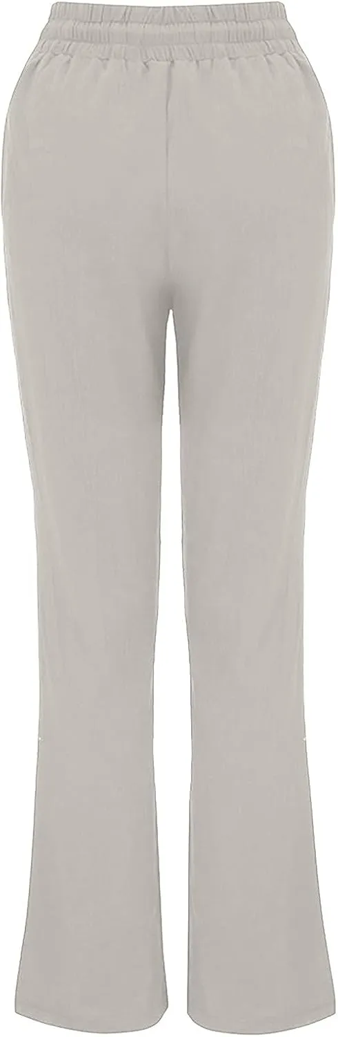 fartey Linen Pants Women Summer Casual Straight Leg Pants Drawstring Elastic High Waist Loose Comfy Trousers with Pockets