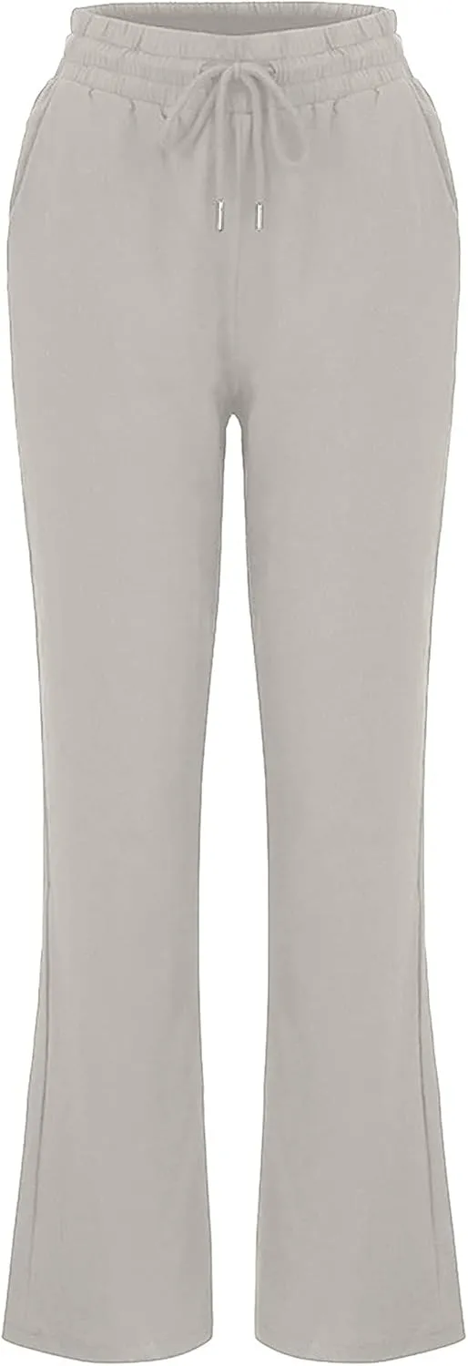 fartey Linen Pants Women Summer Casual Straight Leg Pants Drawstring Elastic High Waist Loose Comfy Trousers with Pockets