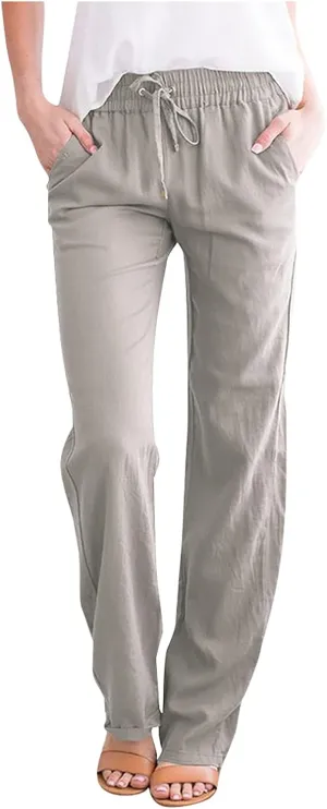 fartey Linen Pants Women Summer Casual Straight Leg Pants Drawstring Elastic High Waist Loose Comfy Trousers with Pockets