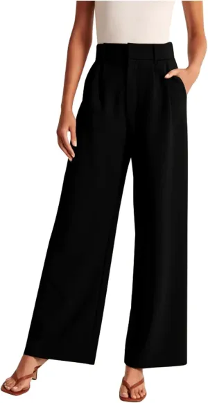 Firzero Women Linen Pants Trendy Summer Palazzo Boho Wide Leg Pants Elastic High Waist Lounge Pant Beach Flowy Casual Trousers with Pockets