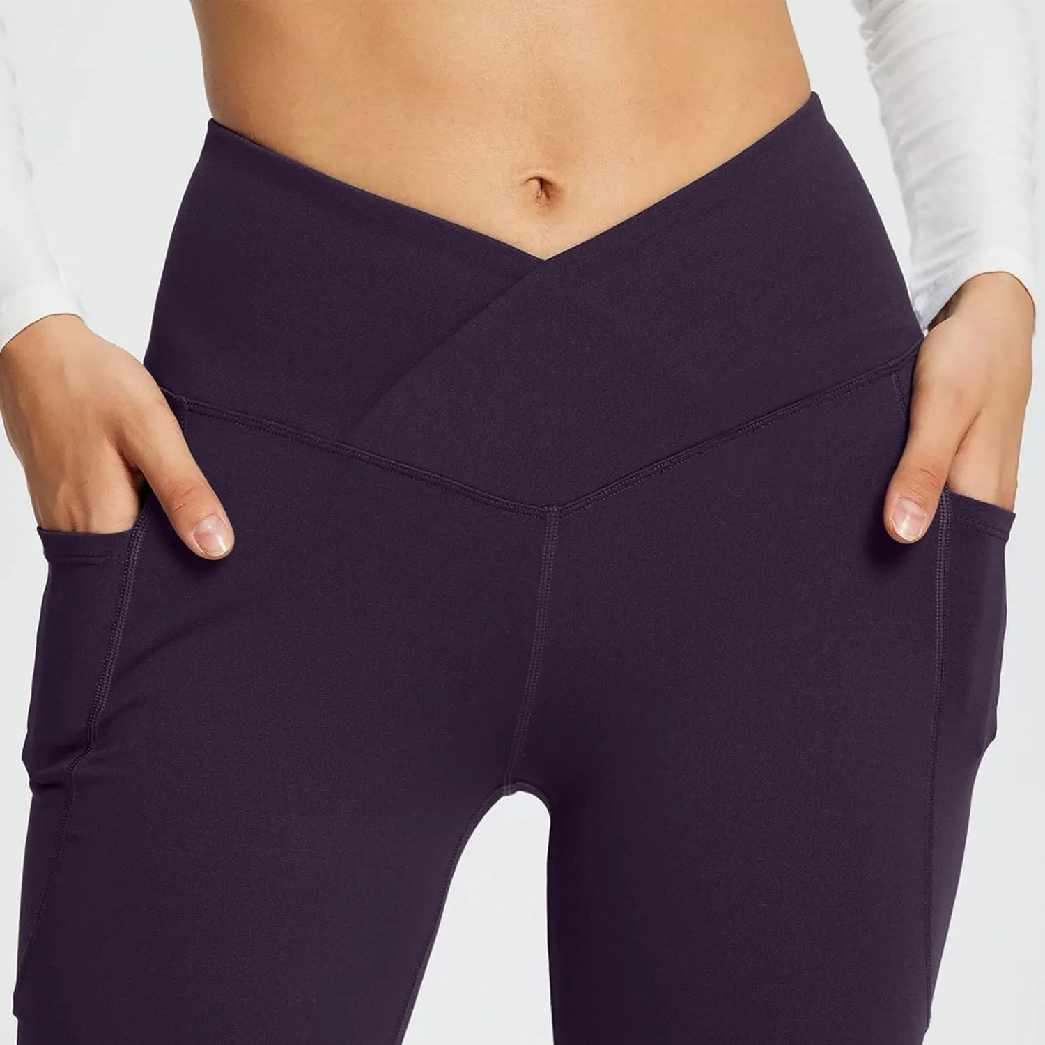 Flare Leggings for Women Tall Tummy Control V Crossover Bell Bottom Pants High Waist Bootcut Yoga Pants with Pockets