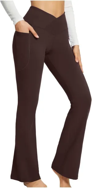Flare Leggings for Women Tall Tummy Control V Crossover Bell Bottom Pants High Waist Bootcut Yoga Pants with Pockets