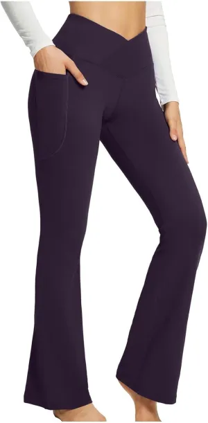 Flare Leggings for Women Tall Tummy Control V Crossover Bell Bottom Pants High Waist Bootcut Yoga Pants with Pockets
