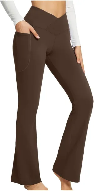 Flare Leggings for Women Tall Tummy Control V Crossover Bell Bottom Pants High Waist Bootcut Yoga Pants with Pockets