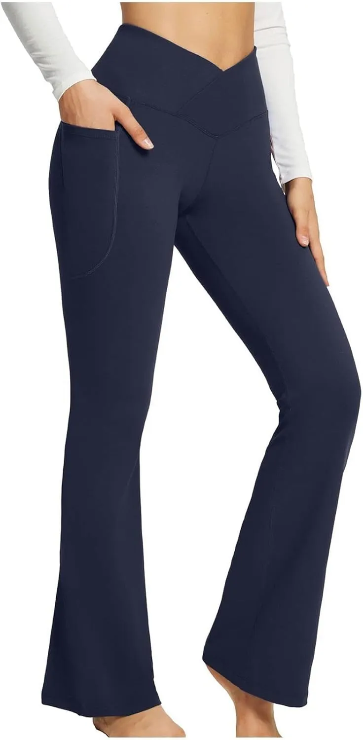 Flare Leggings for Women Tall Tummy Control V Crossover Bell Bottom Pants High Waist Bootcut Yoga Pants with Pockets
