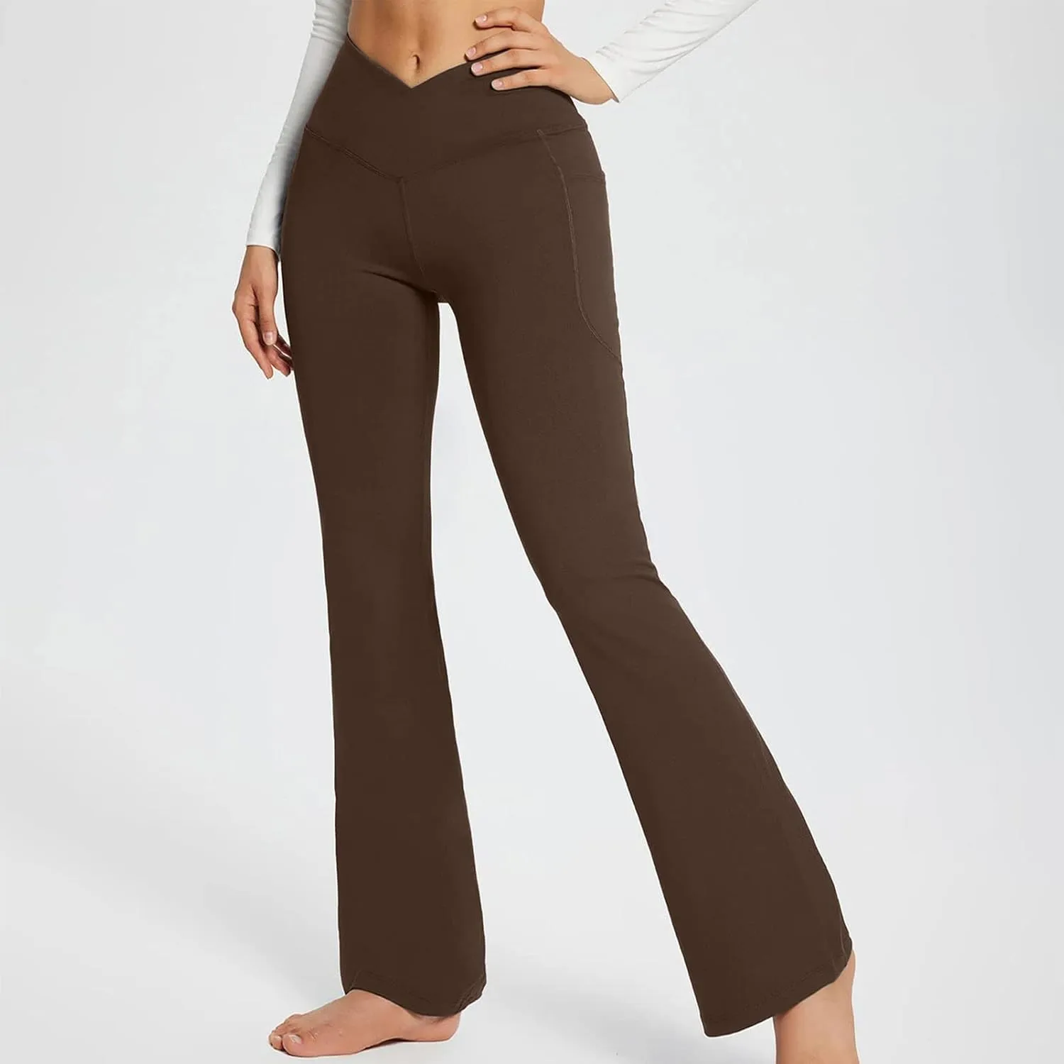 Flare Leggings for Women Tall Tummy Control V Crossover Bell Bottom Pants High Waist Bootcut Yoga Pants with Pockets