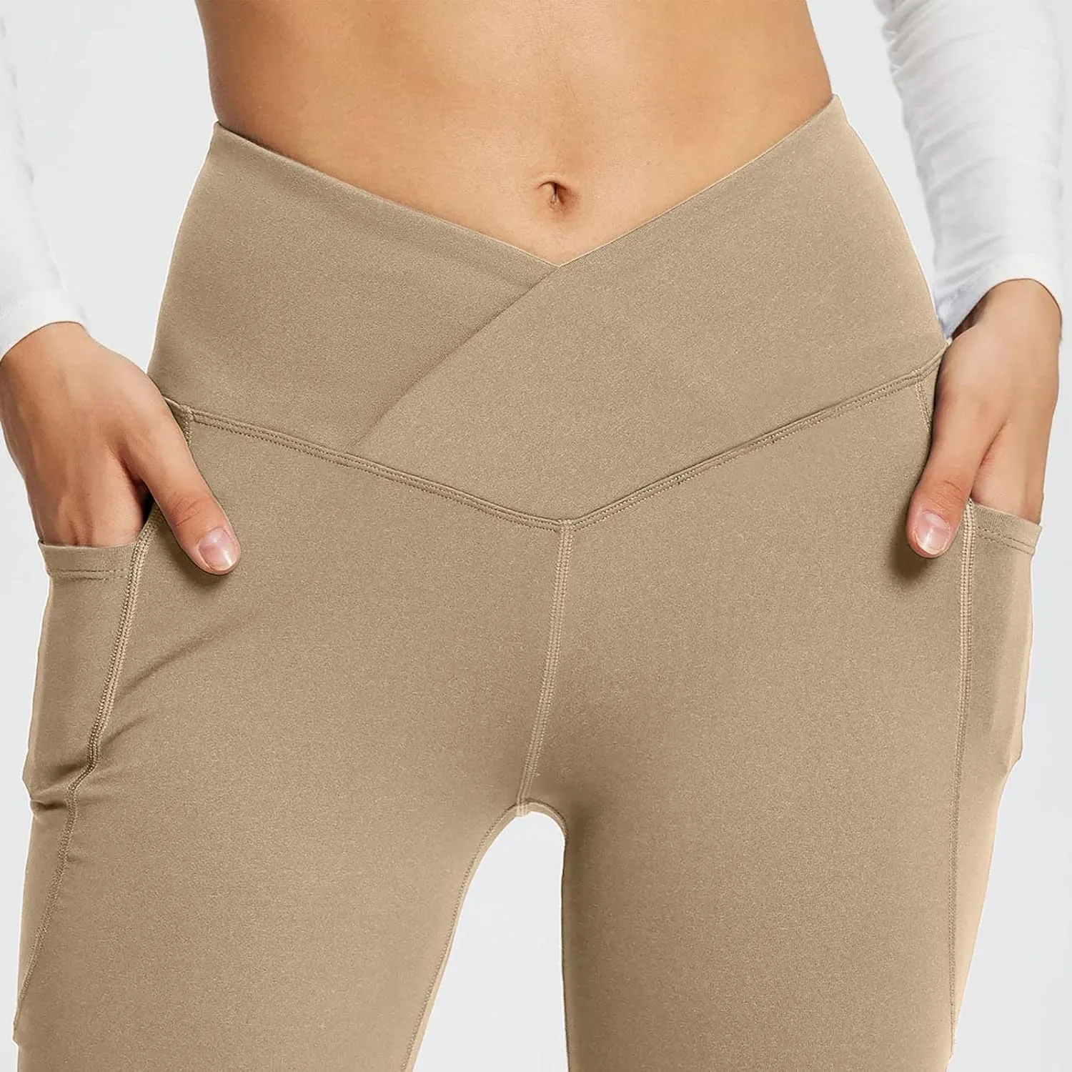 Flare Leggings for Women Tall Tummy Control V Crossover Bell Bottom Pants High Waist Bootcut Yoga Pants with Pockets