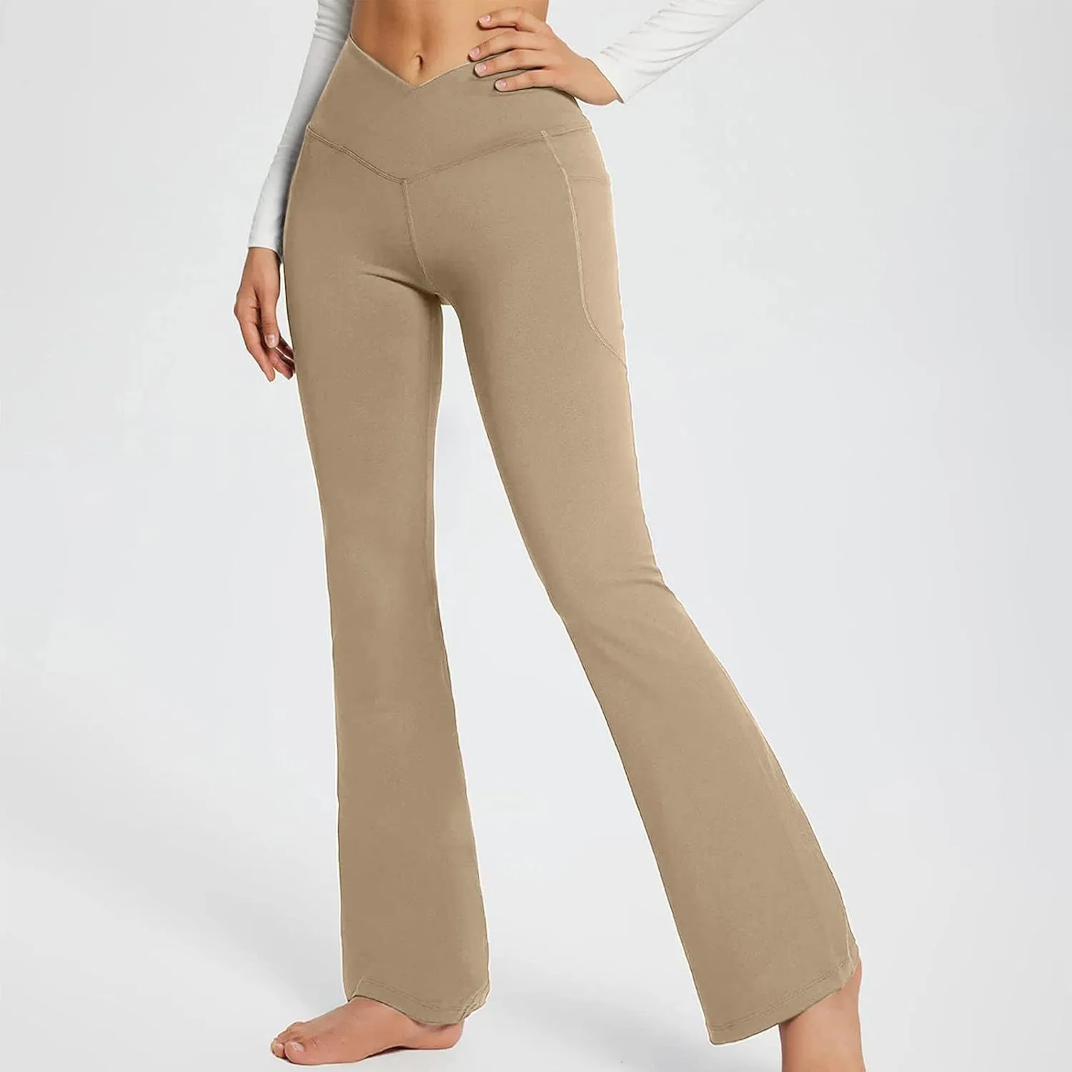 Flare Leggings for Women Tall Tummy Control V Crossover Bell Bottom Pants High Waist Bootcut Yoga Pants with Pockets